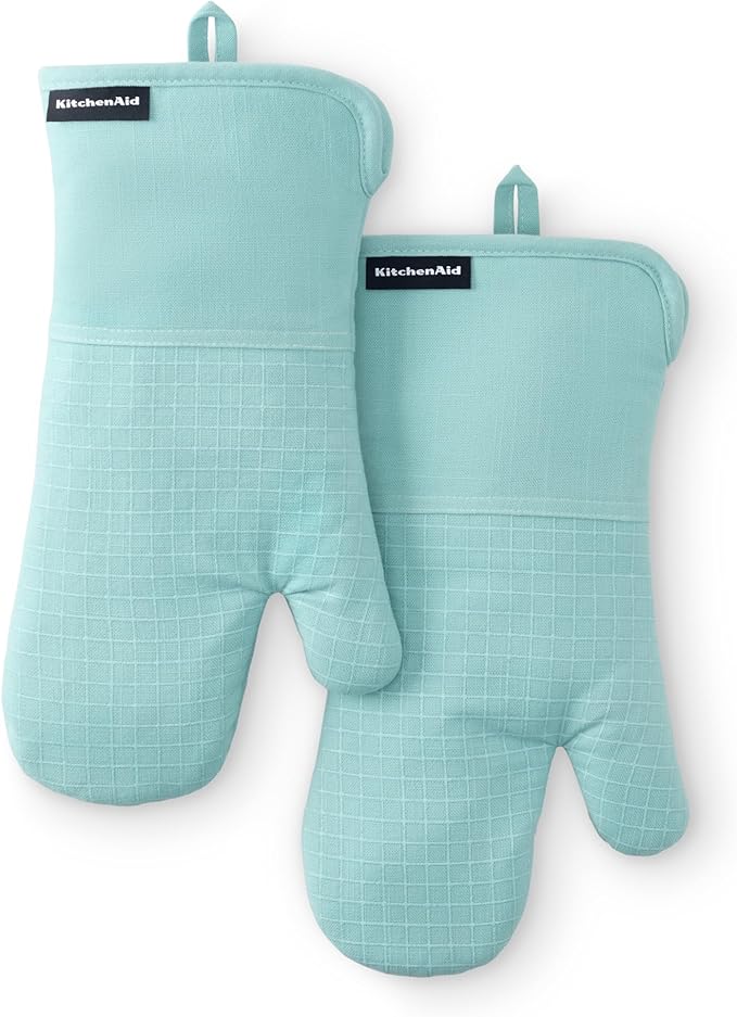 KITCHENAID Gourmet Series Gridlines Oven Mitts 2-Pack Set, Heat Resistant up to 600°F, Soft Silicone Grip, Magnetic Cuff, Mineral Water Aqua, 7"x14"