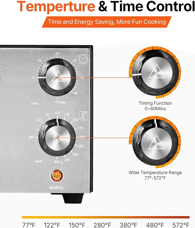 VEVOR Electric Pizza Oven, 12-inch Countertops Pizza Ovens, 572°F Max Temp, 1450W Indoor Pizzas Maker w/Timing & Temp Control, Pizza Cooker w/Dual Heat Tube, Crumb Tray, for Diner and Home Kitchen