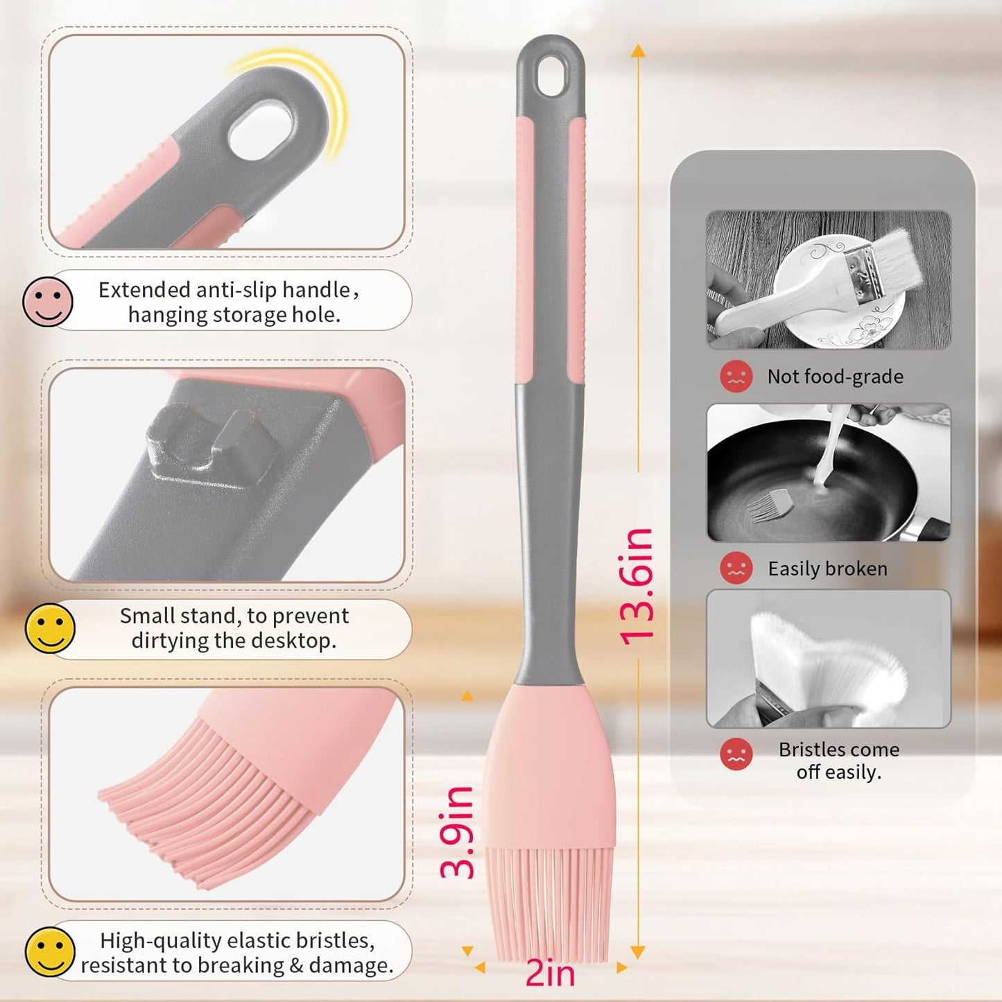 Extra Long Pastry Brush - Silicone Spatula - Basting Brush+Spatula Silicone Heat Resistant,for Baking Scraping Mixing BBQ Grill Kitchen Cooking Spread Oil Butter Sauce (Pink Brush+Spatula)