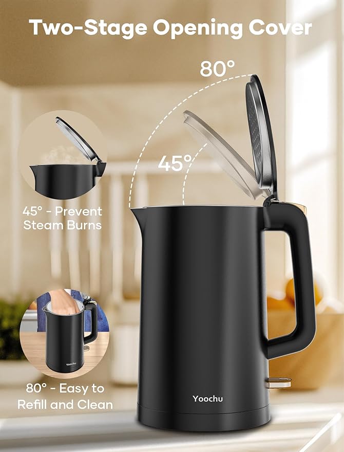 Electric Kettle, Double Wall 1.7L Stainless Steel Cool Touch, Water Boiler & Heater, 1500W Hot Tea Pot, Boil Dry Protection & Cordless Base, BPA-Free, Black Gold