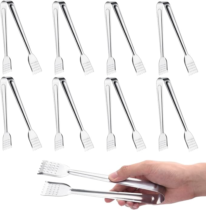 8 Pack Serving Tongs, 9 Inch, Silver, Stainless Steel, Ideal for Parties & Daily Use