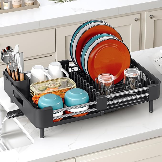 TOOLF Dish Drying Rack, Expandable Dish Rack for Kitchen Counter, Anti-Rust Dish Drainer, Sink Organization and Storage Essentials with Cutlery & Cup Holder, Black