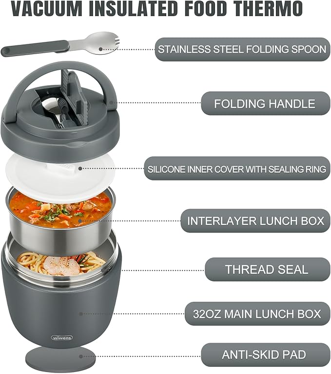 wiwens Thermo Food Jar for Hot Food Adults 32OZ Soup Thermo Lunch Containers Wide Mouth Vacuum Insulated Stainless Steel Leakproof Bento Box with Spoon (Grey)