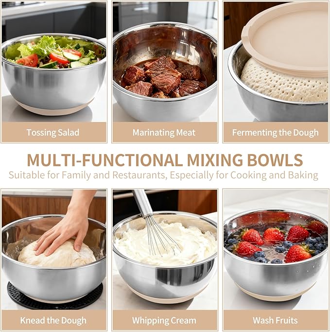 Deedro Premium Mixing Bowls with Airtight Lids Set, 22Pcs Thicker Stainless Steel Mixing Bowl Set, Large Prep Metal Bowls, Non-Slip Silicone Base Nesting Bowls for Kitchen, 1.5/2/3/4/5 QT, Khaki