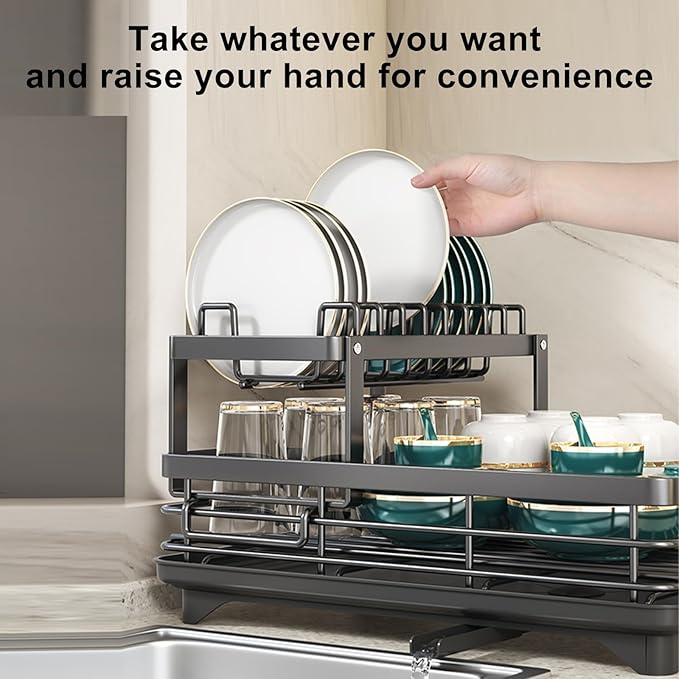 Dish Drying Rack 2-Tier Auto Draining Dish Drying Rack for Kitchen Counter & Sink - Large Capacity Detachable Stainless Steel Organizer with Drainboard & Utensil Holder (Black)，Chaos Coordinator Gifts