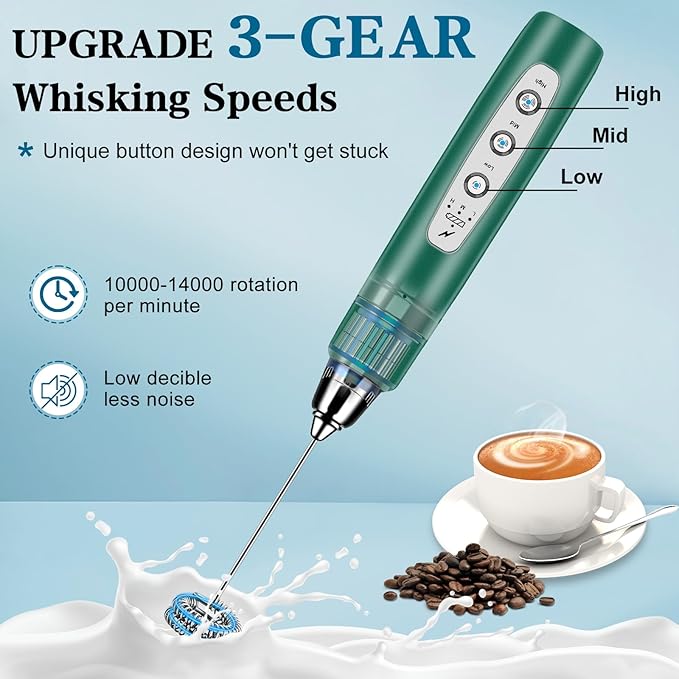 Milk Frother Handheld for Coffee, Electric Whisk 3 Speed Adjustable, Drink Mixer with Stainless 3 Whisks, Rechargeable Hand Frother Wand, Foam Maker for Latte Cappuccino Hot Chocolate Egg Green