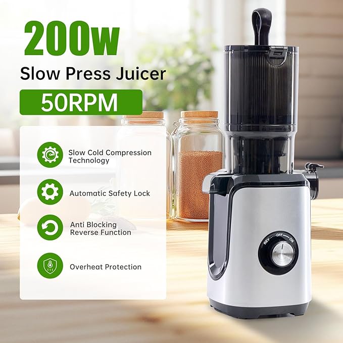 NEWBULIG Cold Press Juicer Machines, Masticating Juicer with High Juice Yield, Reverse Function, Stops Oxidation and Easy to Clean for Vegetables & Fruits, Silver