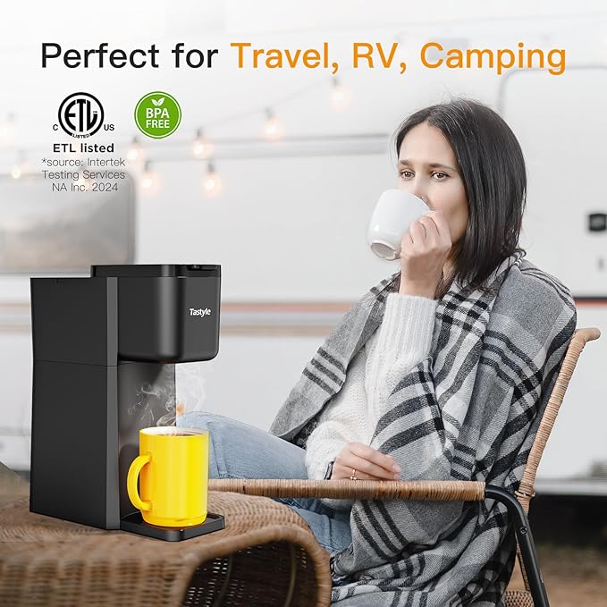 Tastyle Mini Hot and Iced Coffee Maker Single Serve, for K Cup and Ground, 6 to 14 Oz Brew Sizes, with Recipe Book, for Home, Travel, RV, Office and Dorm, Classic Black (2.0 Version)