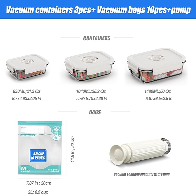 Vacuum Sealer & Food Storage Container for Food, Vacuum Sealer for Food + 3 Glass Vacuum Containers |Rectangle [21 Oz/35 Oz/50 Oz]+ 10 Reusable Food Saver Sealer Bags,For Freezer, Meal Prep