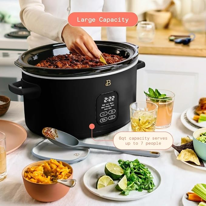 Beautiful 6 Qt Programmable Slow Cooker by Drew Barrymore -5 Preset Cooking Functions, Digital Countdown Timer, Dishwasher-Safe Parts and Cool-Touch Handles (Black Sesame)