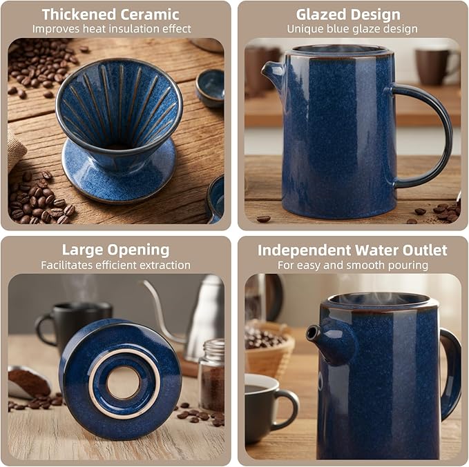 Pour Over Coffee Maker, Ceramic Pour Over Coffee Dripper Set With 20 Count Paper Filters, 16.5oz/500ml Coffee Pour Over (Royal Blue, V02)