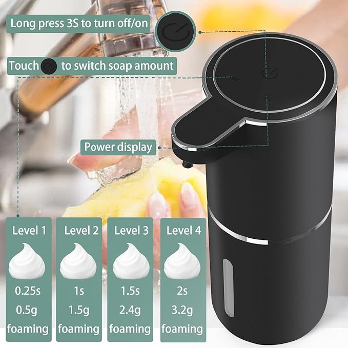 Automatic Soap Dispenser – Touchless Foaming Soap Dispenser 400ml USB Rechargeable Dispenser Electric Wall Mounted 4levels Adjustable Foam Dispenser Pump for Bathroom Kitchen Dish Soap(Black)