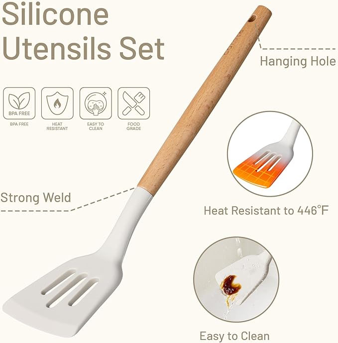 CAROTE Silicone Cooking Utensils Set, Kitchen Utensils Set 16 Pcs for Cooking,BPA Free Spatula Set,446 ℉ Heat Resistant Wood Handles for Nonstick Cookware (Cream White)