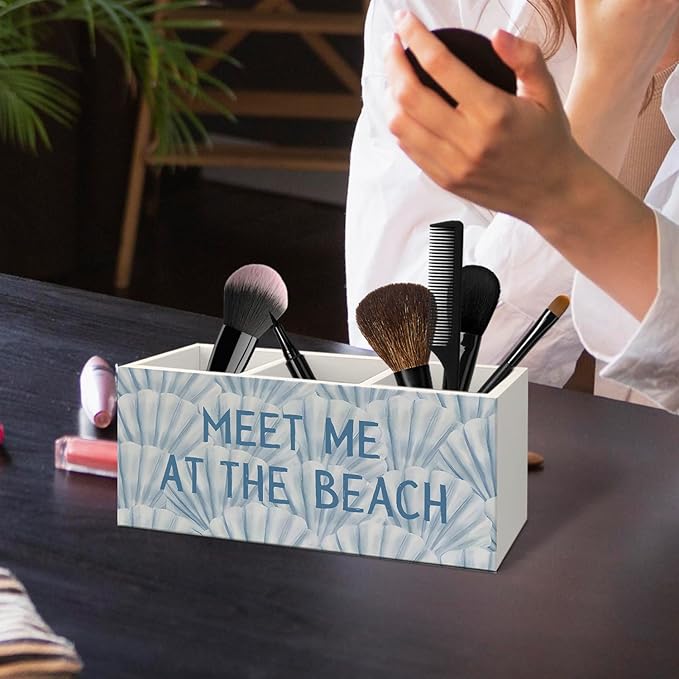 Blue Coastal Beach Seashell Wooden Utensils Holder, Meet Me at The Beach Ocean Beachy Wood Cooking Utensil Holder Organizer for Kitchen Countertop Counter Decor Accessories