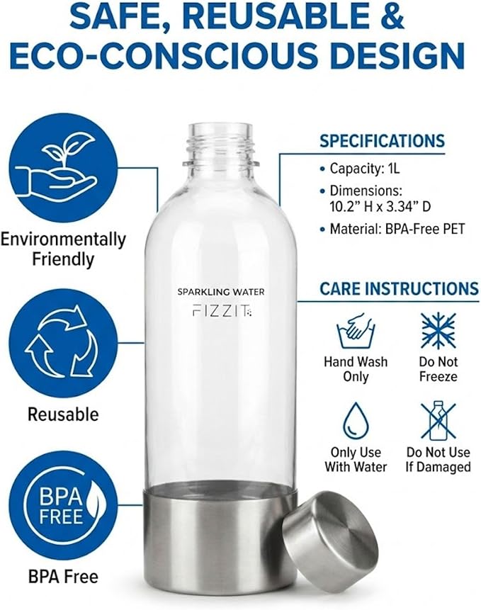 FIZZIT 1L Carbonating Bottles 2 Pack – Compatible with SodaStream,Terra Art, Aarke & Philips Soda Maker – BPA Free Reusable Sparkling Water Bottle – Replacement with Stainless Steel base & cap