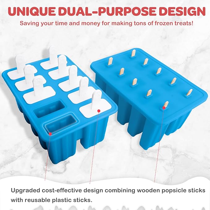 Miaowoof Homemade Popsicle Molds, 10-Cav Non-BPA Silicone Ice Pop Maker, with 50 Sticks, 50 Bags, 10 Reusable Sticks, Funnel, Brush and Ice Pop Recipe (Blue+Bin)
