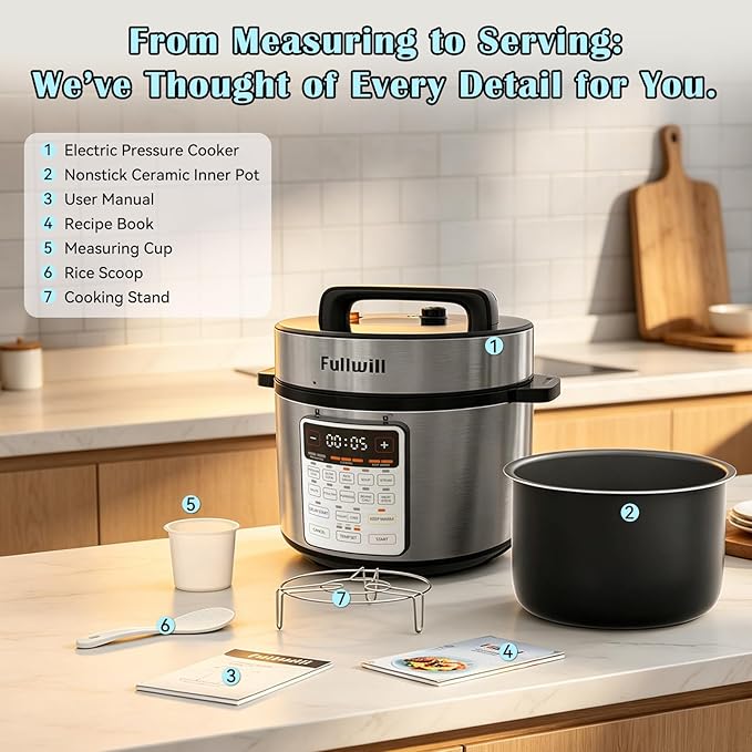 Fullwill 8QT Electric Pressure Cooker Max, 12-in-1 Multi-Use Programmable with Ceramic Non Stick Pot for Sauté,1200W Fast Cooking, Slow Cook, Steam, Yogurt, rice maker cooker,Family Meals & Gatherings