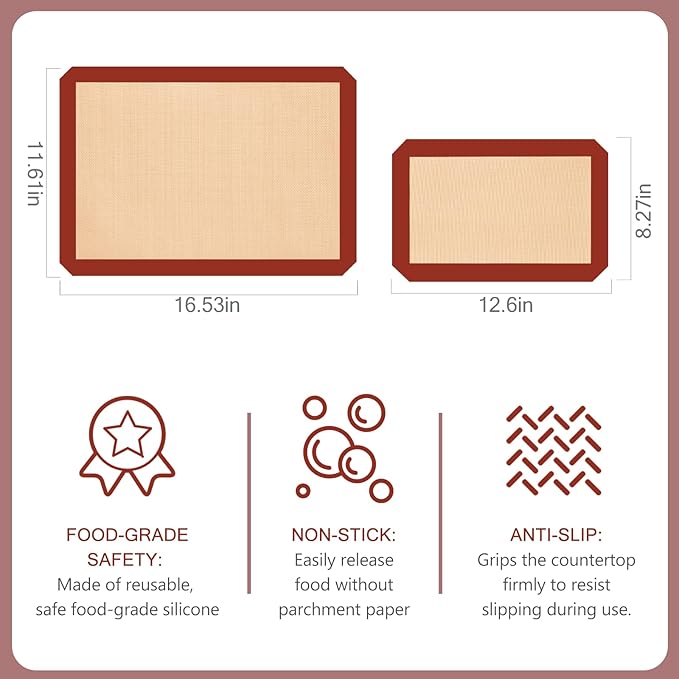 Silicone Baking Mat, Reusable Silicone Mats for Baking Set of 3, Non-Stick Baking Supplies for Pastries, Cookies, Macaroons, Bread