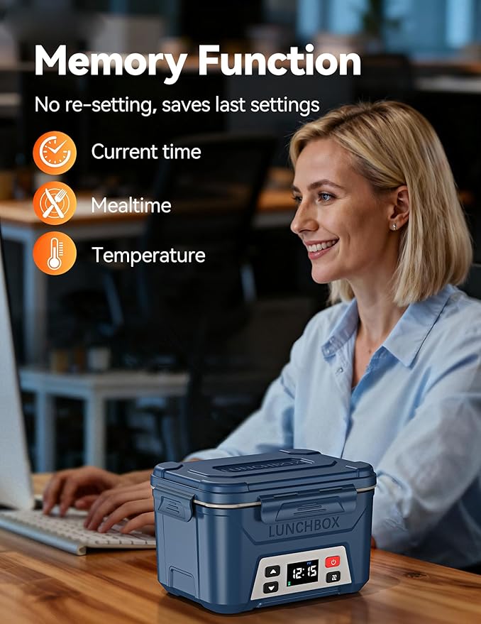EAST OAK Heated Lunch Box for Men, Electric Lunch Box for Adults, 5.5 Cups Cordless Portable Food Warmer, Rechargeable Self Heating Food Heater with Memory Function, Automatic Keep Warm(Navy Blue)