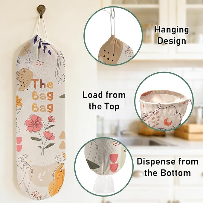 2PCS Boho Plastic Bag Holder for Kitchen Essentials, Reusable Hanging Grocery Bag Organizer, Washable Large Grocery Trash Garbage Bags Storage Dispenser Boho Kitchen Decor-07
