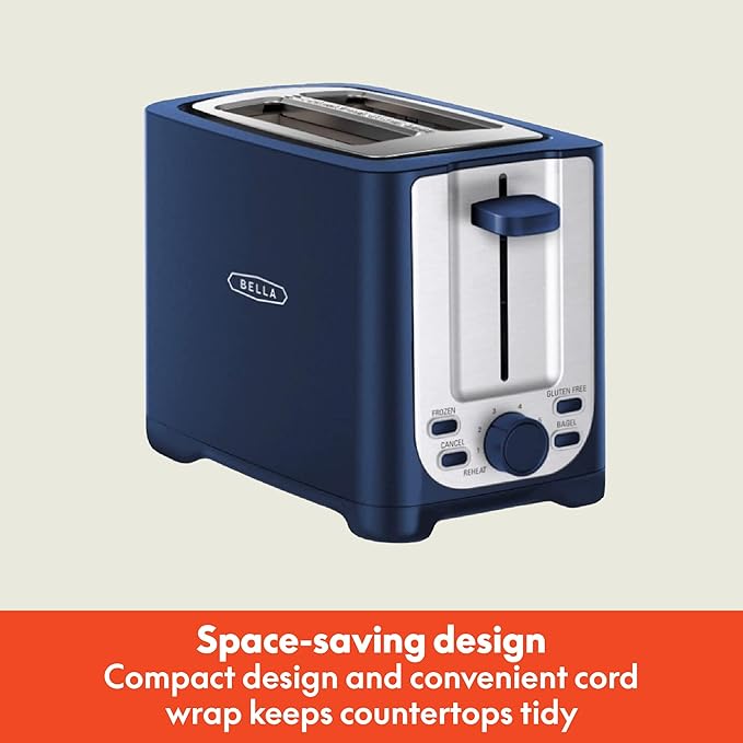 BELLA 2 Slice Toaster with Auto Shut Off - Extra Wide Slots & Removable Crumb Tray and Cancel, Defrost & Reheat Function - Toast Bread, Bagel & Waffle, Blue