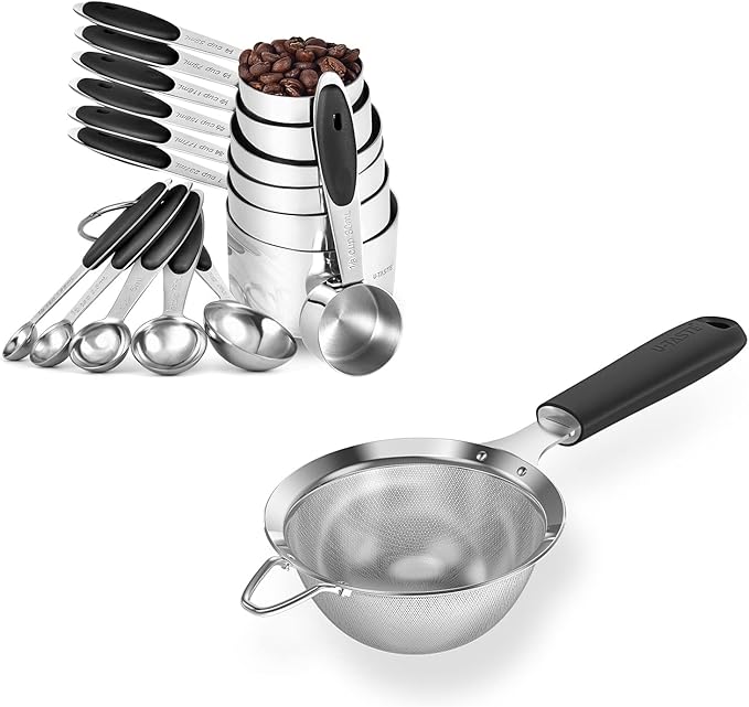 U-Taste 12 Piece Measuring Cups and Spoons Set in 18/8 Stainless Steel, and 18/8 Stainless Steel 3.9 inch 30 Mesh Strainer (Black)