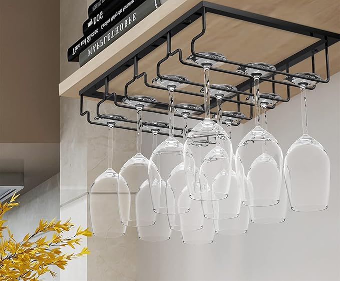 Nuovoware Wine Glass Rack, 4 Rows Wine Glass Holder Storage Hanger Metal Organizer Under Cabinet Stemware Rack for Bar Kitchen Cabinet, Black