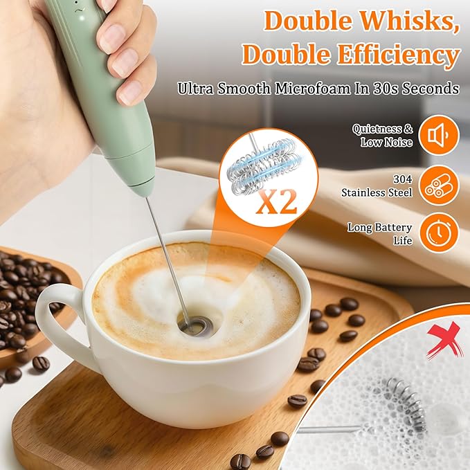 TonJin Frother Wand Rechargeable USB-C Milk Frother Handheld Mixer Electric with 2 Whisk Heads, 3 Speeds Adjustable Coffee Drink Mixer with Stand for Lattes, Matcha, Hot Chocolate, Egg, Matcha(Green)