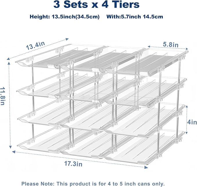 Dayacoco Can Organizer For Pantry,3 Sets 4 Tiers Pantry Organizers And Storage, Pantry Organizer for Fridge 36 Standard and Tall Cans Rack Automatic Rolling Stackable Canned Food Organizer, Clear