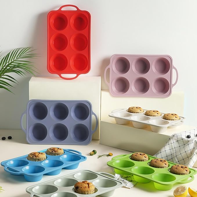 2 Packs 6 Cups Silicone Muffin Pan with Metal Reinforced Frame Jumbo Size Cupcake Pan Tray Egg Bites Silicone Circle Cookie Molds Muffin Tin Tart Pans Baking Sheet Set for Breakfast Sandwiches