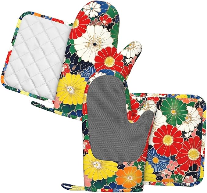 Oven Mitts and Pot Holders Flower Ethnic Art Pattern Silicone Kitchen Accessories Set of 4 Heat Resistant Long Gloves Potholder Non-Slip Grip for Chef Cooking Baking Grilling BBQ