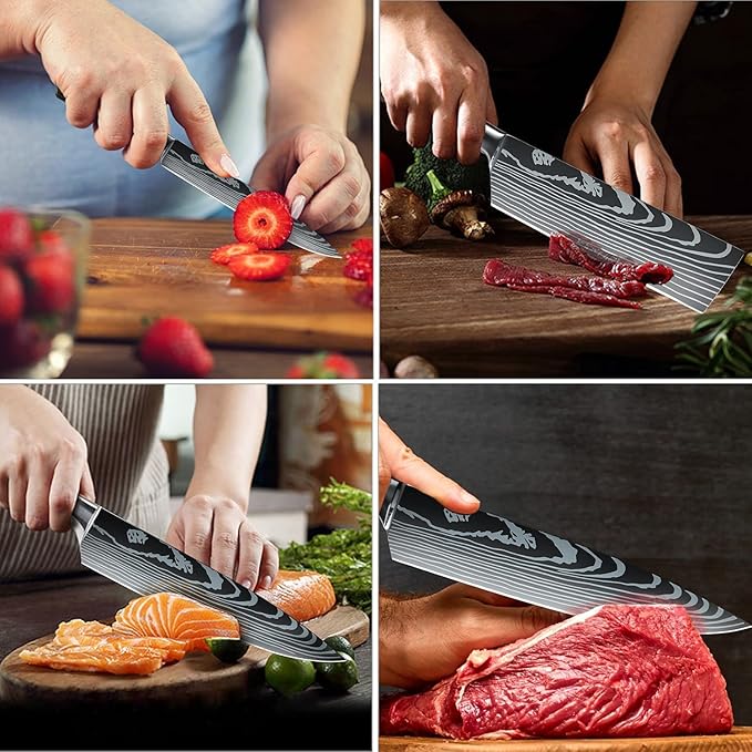 Epicurean Cook Majesty Series 8-Piece Premium Japanese Kitchen Knife Set - Ultra Sharp Laser Damascus Pattern - Professional Chef Hibachi Knives - Juego de Cuchillos para Cocina Profesional