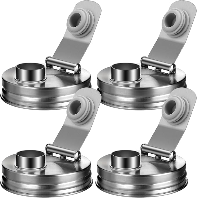 Mason Jar Pour Spout Lid Stainless Steel, Regular Mouth Pour Spout Flip Cap Lids for Mason Jars, Anticracking Leak Proof Seal Cover Airtight for Drinking Salad Dressing & Food Storing(4PCS)