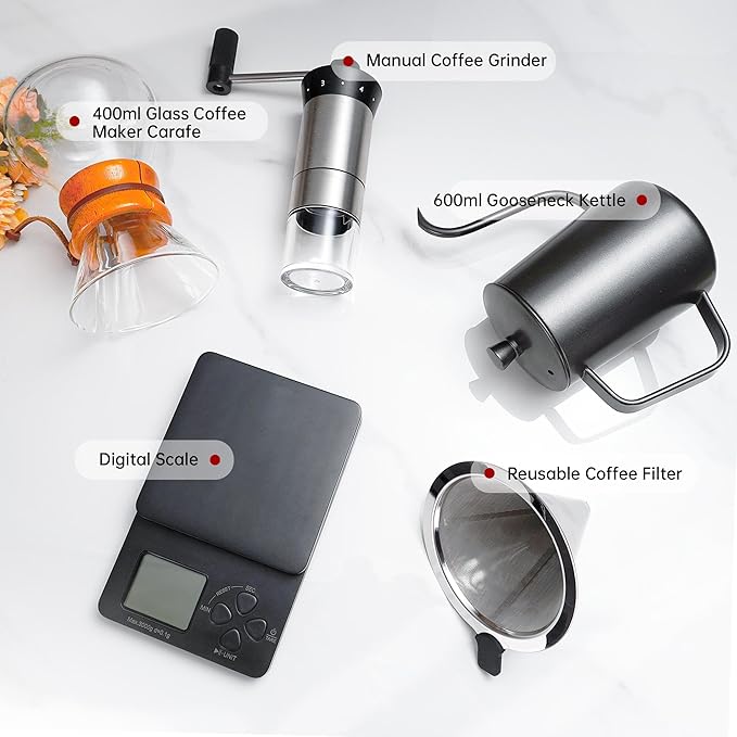 SuperCook Pour Over Coffee Kit, Coffee Maker Set, All in One Hand Drip Coffee Set, Coffee Grinder Manual Set, Ideal for Anniversary Birthday Gift