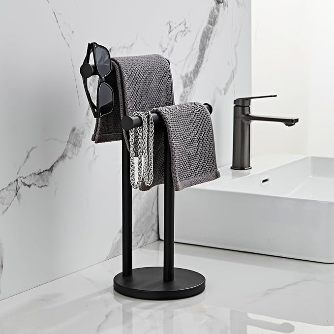 Black Hand Towel Holder Stand, Double T-Shape Hand Towel Stand Towel Rack Towel Bar for Bathroom Countertop, SUS304 Stainless Steel SHUNLI