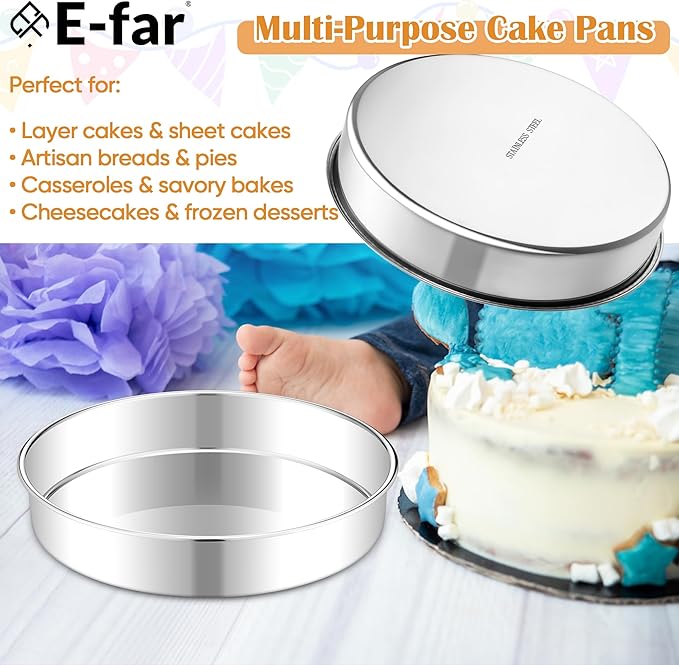 E-far 11 Inch Cake Pan Set of 2, Stainless Steel Large Round Baking Pans Tins, Non-Toxic & Leak-Proof Mold for Birthday Wedding Layer Tiered Cake, Easy Clean & Dishwasher Safe