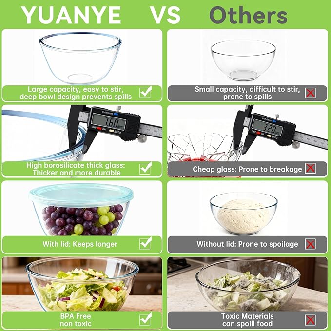 YUANYE 4 Pack Glass Mixing Bowls with Lids Set (3/1.7/0.9/0.6QT),Thick Glass Large Salad Bowl Set, Nesting Kitchen Bowls for Serving, Prepping, Cooking and Baking, Dishwasher, Oven,Microwave Safe