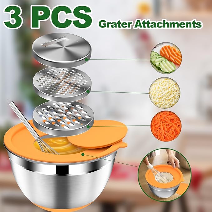 DUTZUN Mixing Bowls with Lids Set - 16pcs Stainless Steel Mixing Bowl Set with Colander, 3 Grater Attachments, Non-Slip Bottom, Metal Nesting Bowls with Strainer for Mixing & Serving - Multicolor