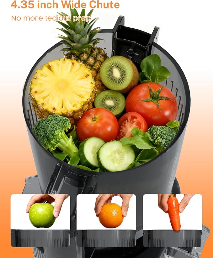 Kndko Cold Press Juicer with 4.35" Wide Feed Chute, Slow Masticating Machine Fit Whole Fruits & Vegetables, High Juice Yield, Stainless Steel Juicer Machine with Large Auger, Easy to Clean