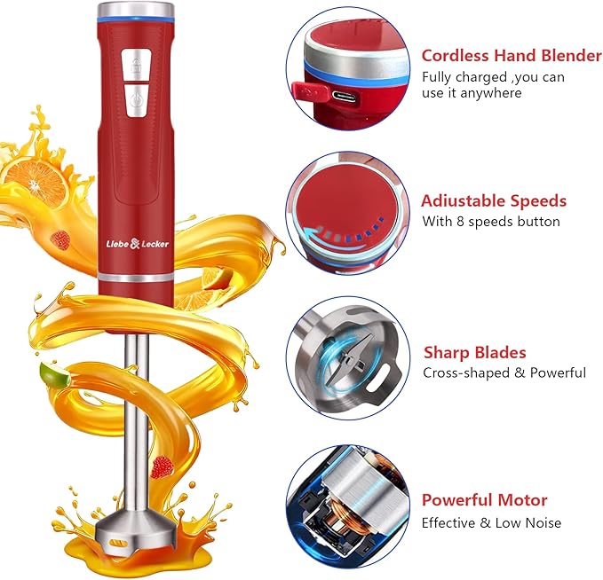 Liebe&Lecker Immersion Blender Handheld Cordless, 3 in 1 Cordless Hand Blender, 8 Speed Emulsion Blender Handheld with Whisk Milk Frother for Soup Smoothie Red