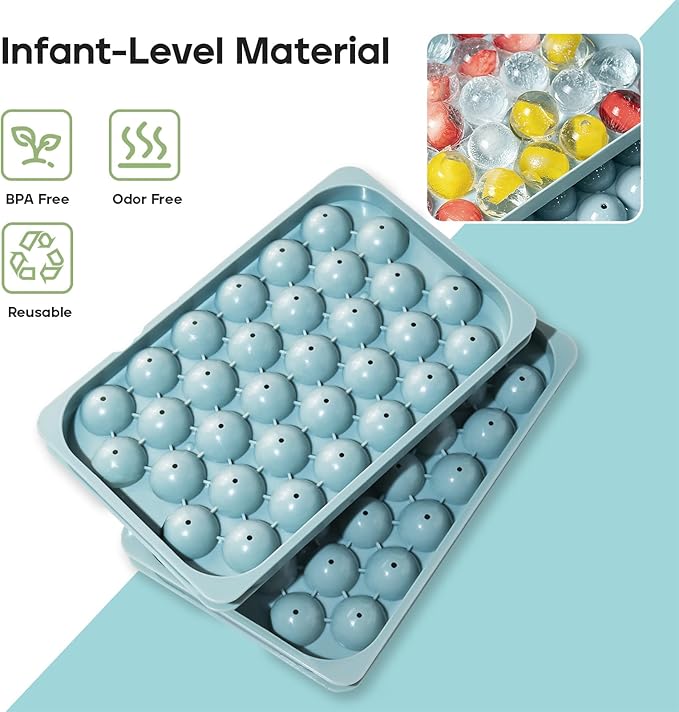 Ice Cube Trays with Lid and Bin, 0.8 IN Small Round Ice Cube Mold - Easy Release Stackable Ice Ball Maker for Cocktail,Whiskey and Drinks, BPA-Free(0.8in/64 balls&box)