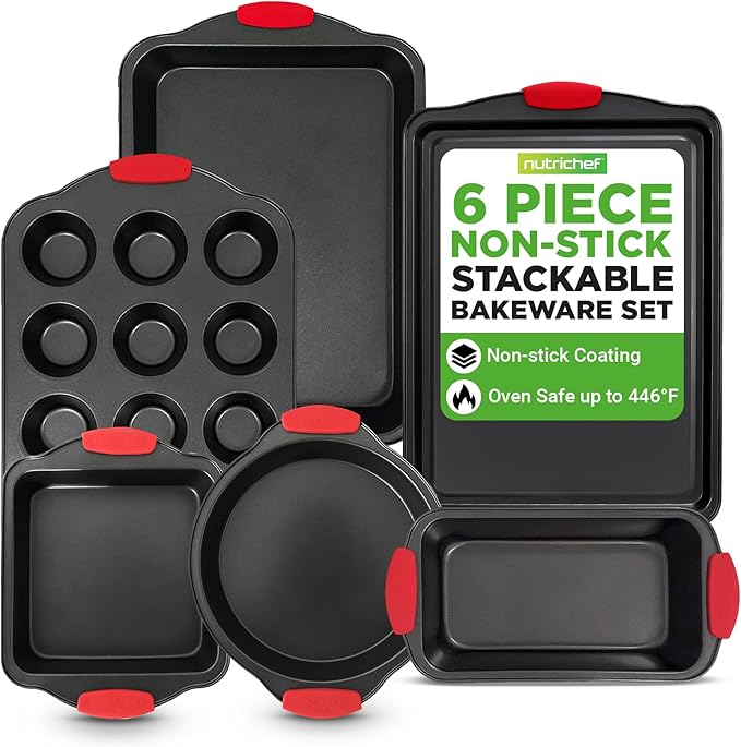 NutriChef Baking Pans Set - 6 Piece Bakeware with Nonstick Carbon Steel for Easy Release and Cleanup, Durable and Versatile Design, Includes Cookie Sheet, Loaf Pan, Muffin Tin & More