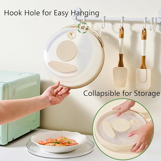 Microwave Splatter Cover with Base Plate and Water Steamer,Collapsible Microwave Cover for Food with Handle and Seasoning Groove, Clear Plate Covers,Food Safe,BPA Free,House Gifts (Creamy White)