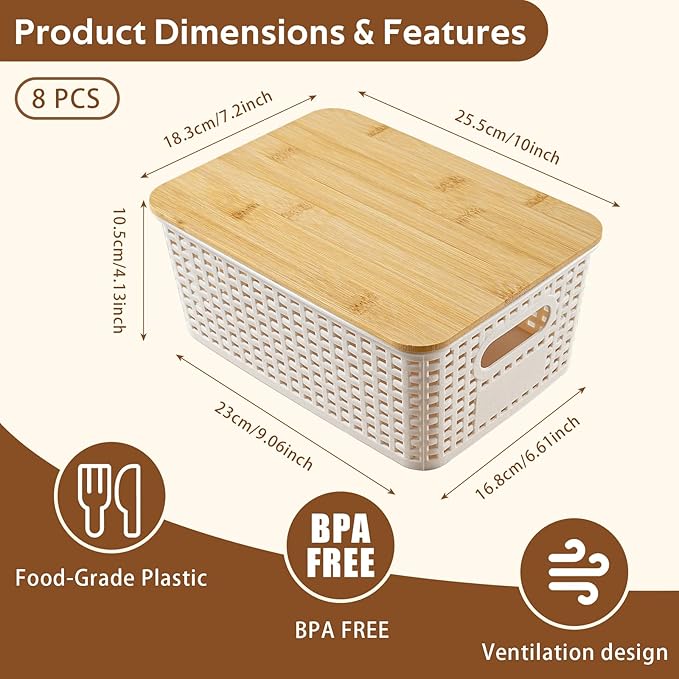 8 Pack Plastic Storage Bins with Bamboo Lids - Stackable Storage Baskets with Handle for Pantry Organizer and Storage, Plastic Containers Bins Lidded Storage Bins for Classroom Office Shelves