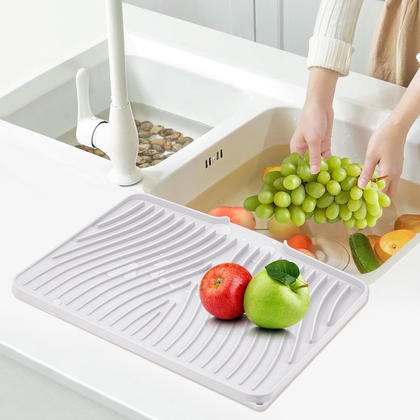Silicone Dish Drying Mat for Kitchen Counter, Dish Drying Pad, Non-Slip Drain Pad with Built-in Drain, Heat Resistant Stone Drying Mat(Ivory-L 15.8" x 13")
