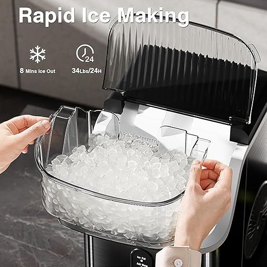 Antarctic Star Nugget Ice Makers Countertop, Portable Ice Machine with Ice Scoop & Basket, 34Lbs/24H, Self-Cleaning, One Click Operation for Camping/RV/Party (Stainless Steel Black)