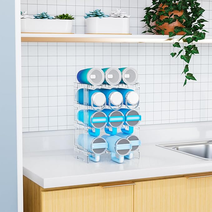 Yieach Stackable Cup Organizer for Kitchen Cabinets,4 Tier Large Tumbler or Water Bottle Organizer for Cabinets,Stackable Waterbottle Holder and Cup Storage Organizer for 40 OZ Yeti,Owala,Yeti Storage