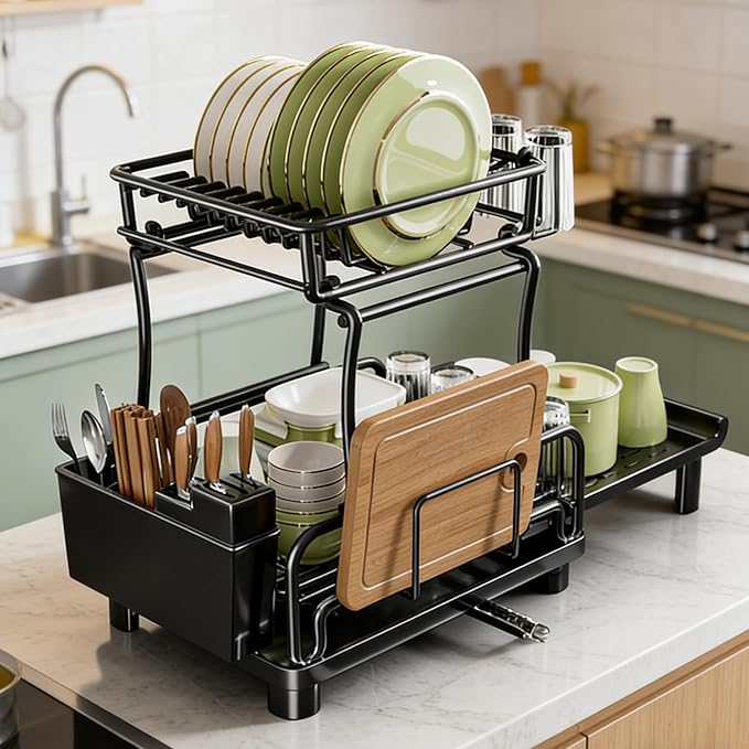 Large 2-Tier Expandable Dish Drying Rack, Heavy Duty Kitchen Countertop Dish Drainer Organizer with Utensil Holder, Extendable Space Saving Plate Storage Rack for Kitchen Sink Counter, Black
