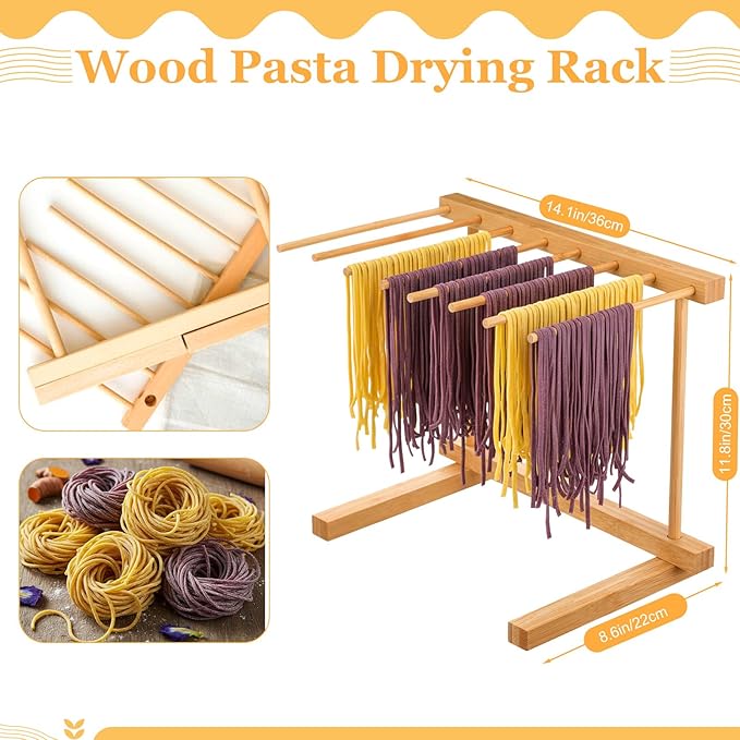 Hushee 8 Pcs Pasta Maker Machine Set Including Stainless Steel Noodle Maker Machine Wood Pasta Drying Rack Ravioli Stamp Maker Cutter with Pasta Cutter Wheel Mini Rolling Pin Cleaning Brush