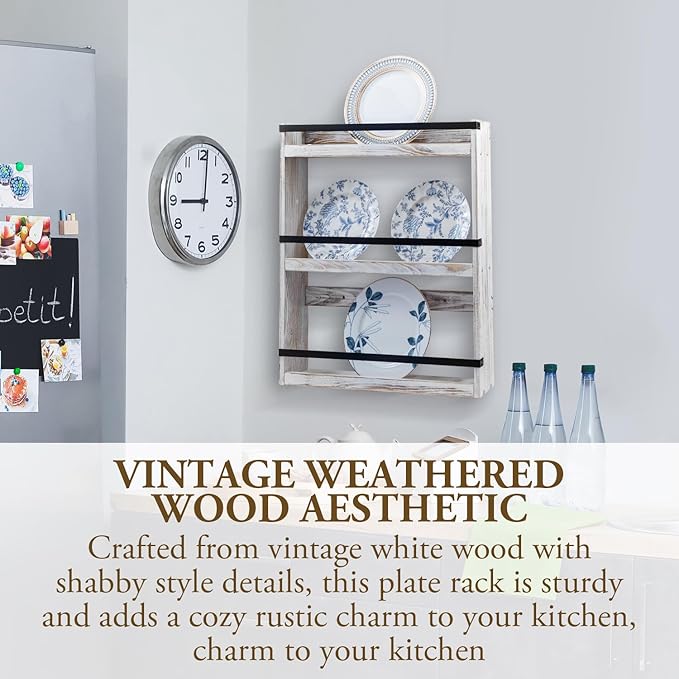 MyGift Wall Plate Display Rack, 3 Tier Farmhouse Whitewashed Wood Wall Mounted Plate Storage Rack, Holds 6-10inch Plates